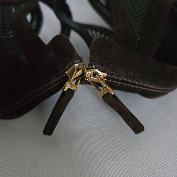 Fendi Sandalo Camoscio Rete Nylon Suede Mesh Heels Brown SZ 36.5 (6.5) - Picture 10 of 14